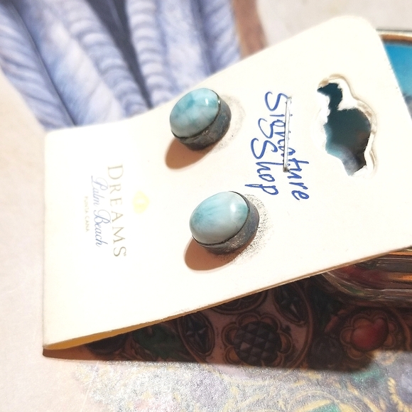 VTG Palm Beach Dreams Larimar Stud Sterling Earrings New Old Stock - Picture 5 of 7